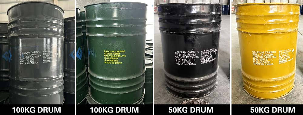 Calcium carbide packaging in 50kg and 100kg steel drums